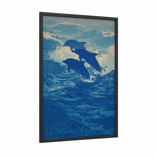 Leaping Dolphins framed art print — black wood frame — blue and cream palette