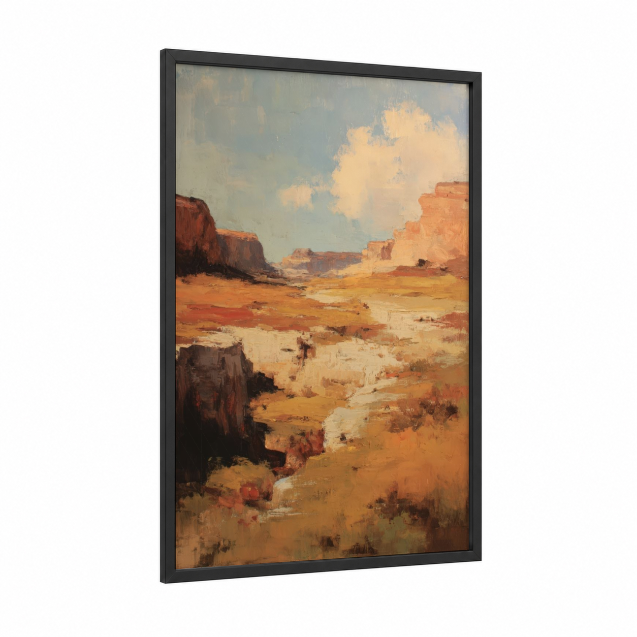 Desert Canyon Vista framed art print — black wood frame — orange and gold palette