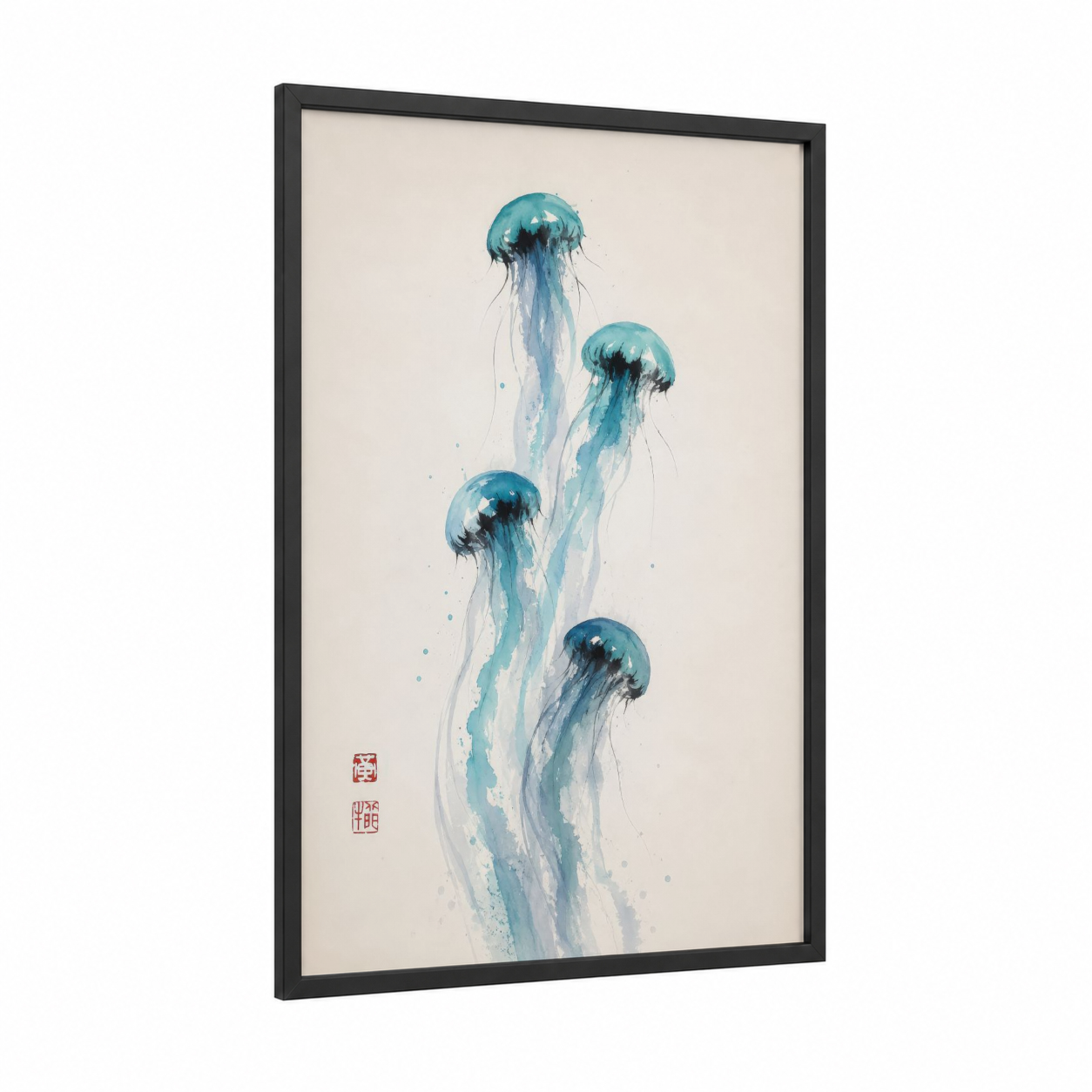 Ethereal Jellyfish Asian Inspired Wall Art framed art print — black wood frame — teal and beige palette