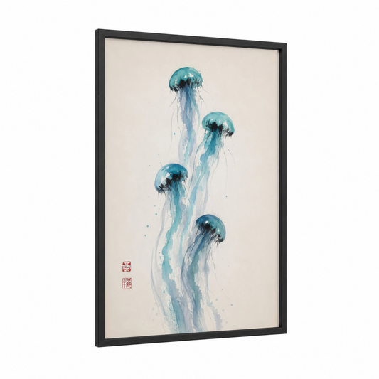 Ethereal Jellyfish Asian Inspired Wall Art framed art print — black wood frame — teal and beige palette
