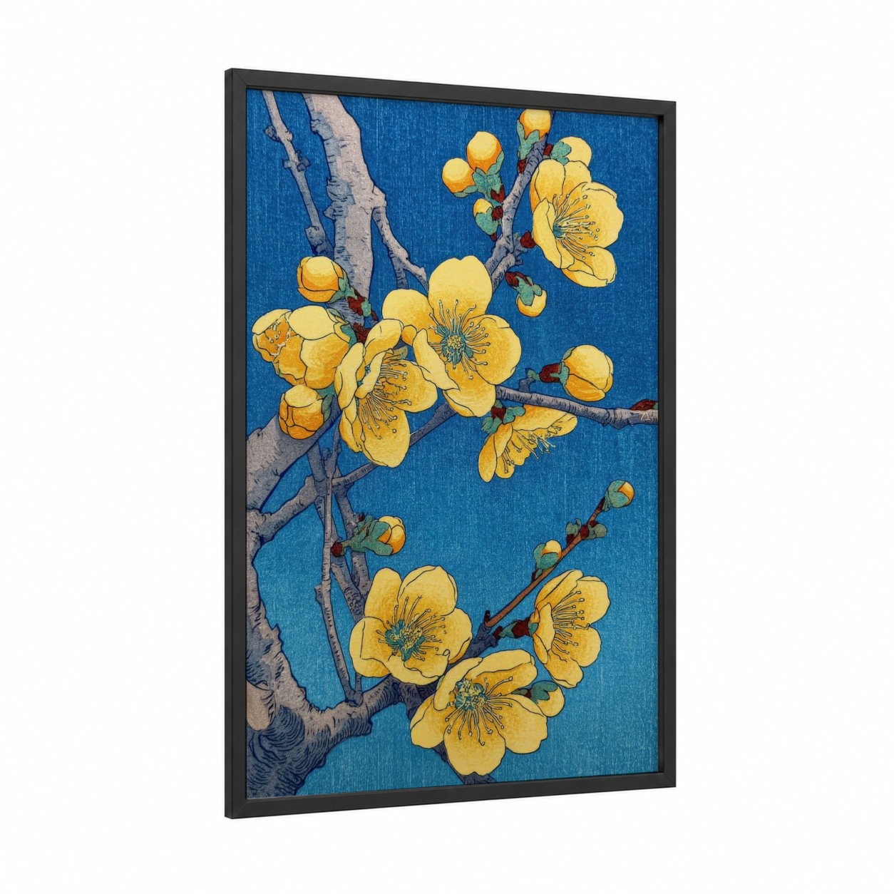 Golden Cherry Blossoms framed art print — black wood frame — blue and gold palette