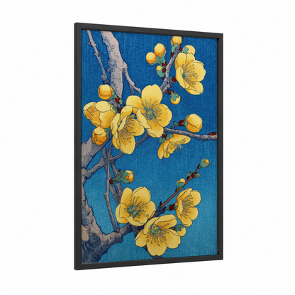 Golden Cherry Blossoms framed art print — black wood frame — blue and gold palette