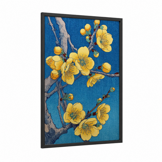 Golden Cherry Blossoms framed art print — black wood frame — blue and gold palette