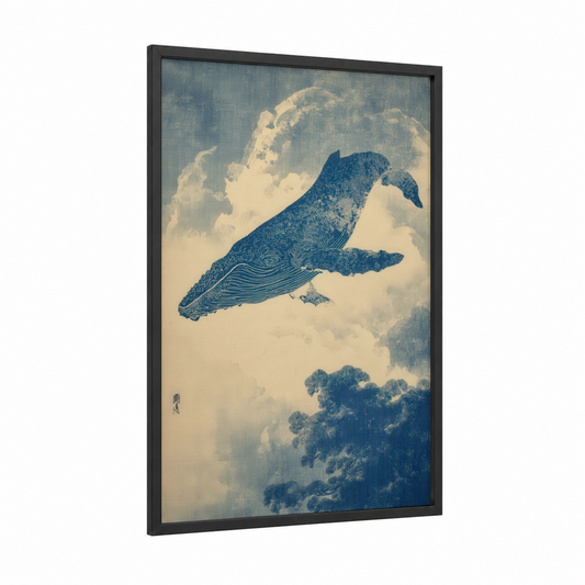 Celestial Whale framed blue whale print — black wood frame — blue and white and gray palette