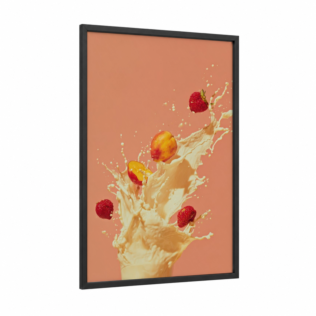 Fruit Splash Milkshake framed art print — black wood frame — peach and cream palette