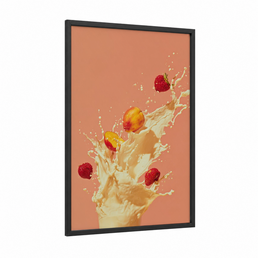 Fruit Splash Milkshake framed art print — black wood frame — peach and cream palette