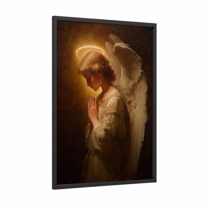 Praying Angel framed christian symbols print — black wood frame — gold and cream palette