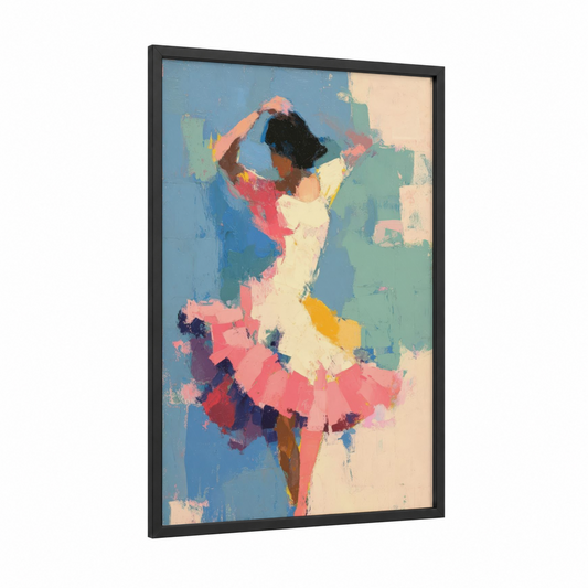 Vibrant Salsa Dancer framed art print — black wood frame — blue and pink palette