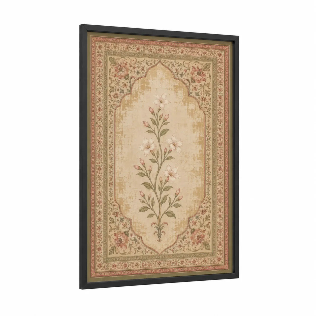 Vintage Persian Floral Wall Art framed flower print — black wood frame — beige and pink palette