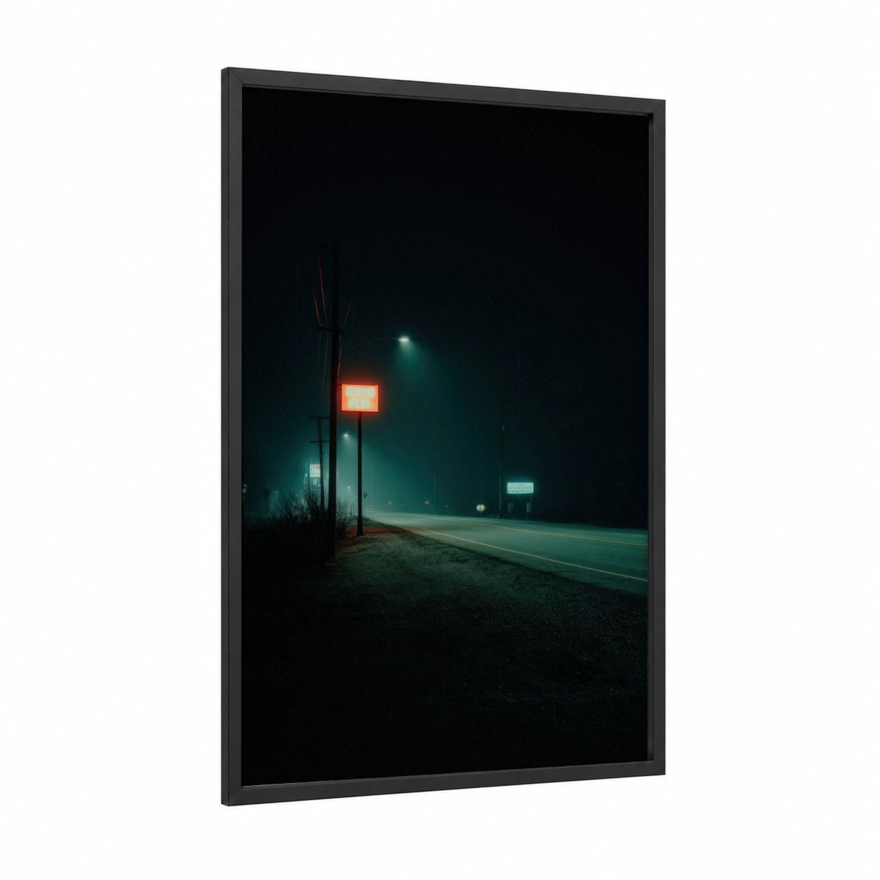 Neon Highway Night framed road and highways print — black wood frame — teal and red palette