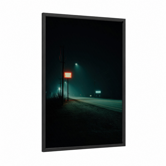 Neon Highway Night framed road and highways print — black wood frame — teal and red palette