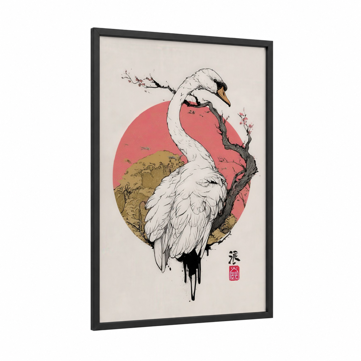 Crimson Swan framed art print — black wood frame — white and red palette