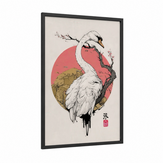 Crimson Swan framed art print — black wood frame — white and red palette
