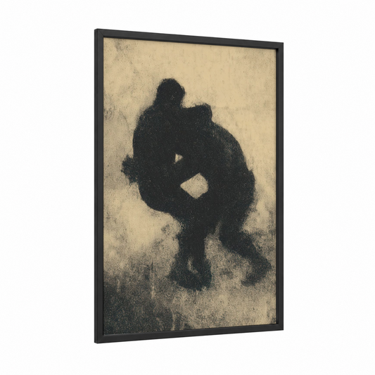 Shadow Wrestler framed wrestling print — black wood frame — black and beige palette