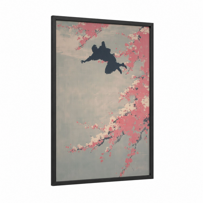 Parkour Flight framed art print — black wood frame — salmon pink and black palette
