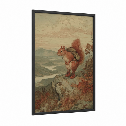 Mountain Explorer Squirrel framed art print — black wood frame — beige and russet palette