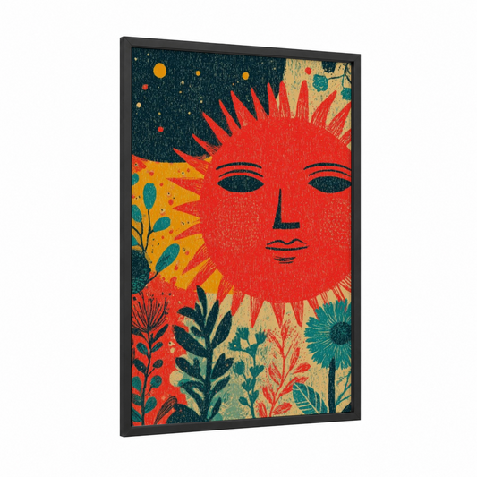 Radiant Sun Face framed the sun print — black wood frame — red and teal palette
