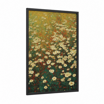Wildflower Meadow framed daisy print — black wood frame — gold and true green palette