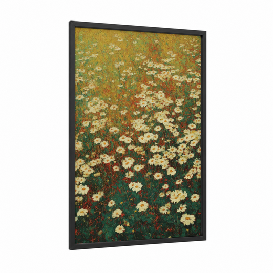 Wildflower Meadow framed daisy print — black wood frame — gold and true green palette