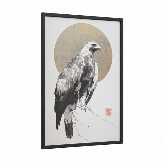 Perched Eagle framed art print — black wood frame — black and white and gold palette