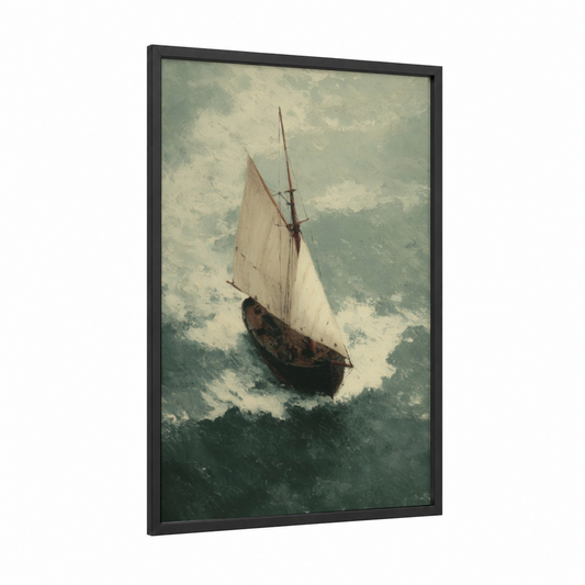 Stormy Seas Sailing framed art print — black wood frame — teal and cream palette