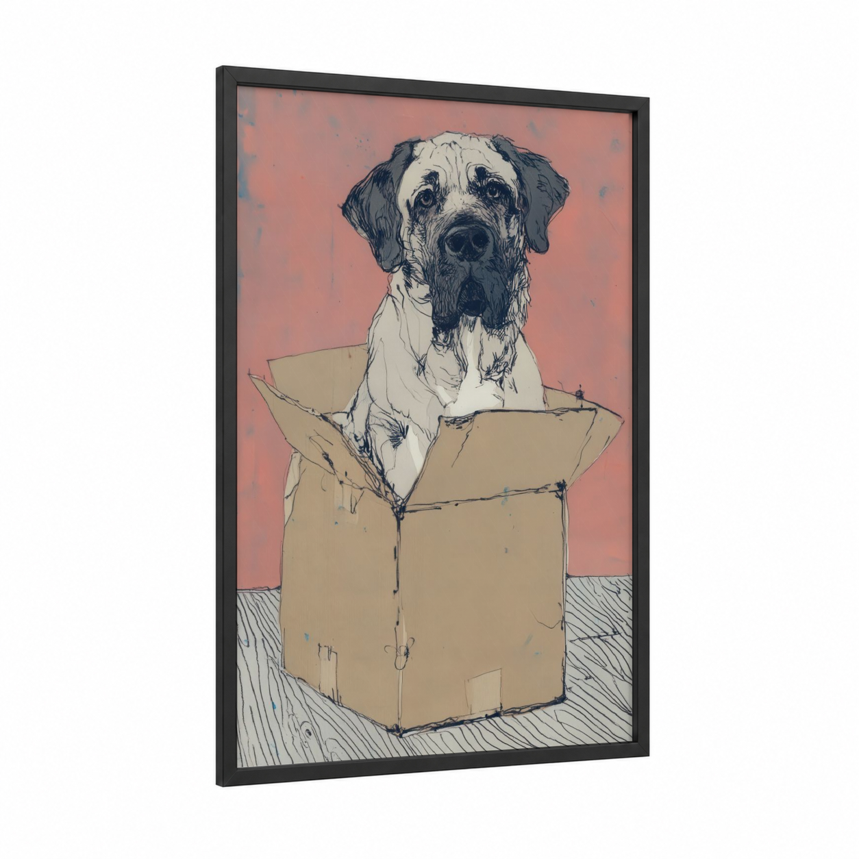 Cardboard Mastiff framed art print — black wood frame — salmon pink and black and white palette