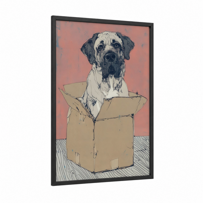 Cardboard Mastiff framed art print — black wood frame — salmon pink and black and white palette