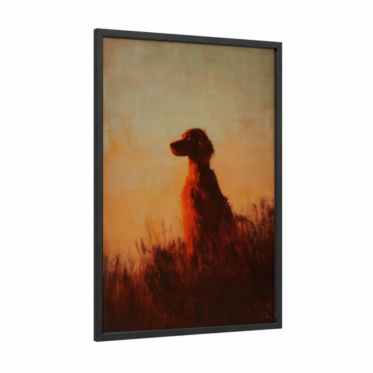 Golden Hour Setter framed art print — black wood frame — gold and red palette