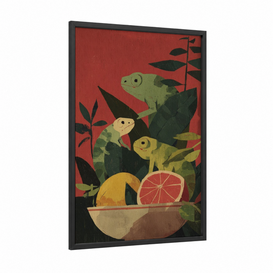 Citrus Chameleons framed art print — black wood frame — russet and light green palette