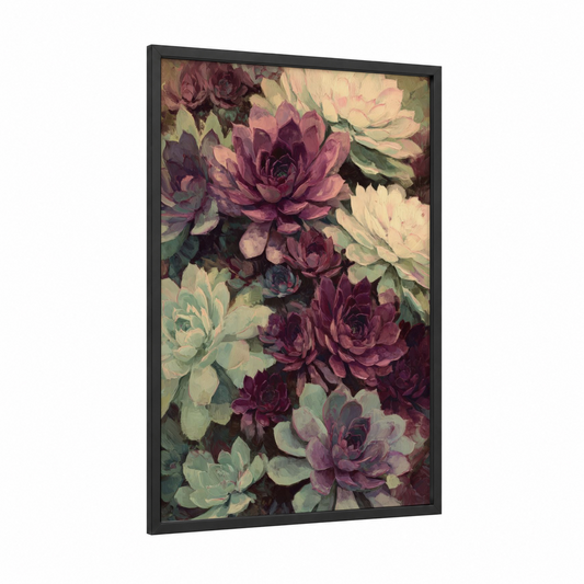 Succulent Blooms framed art print — black wood frame — maroon and cream palette