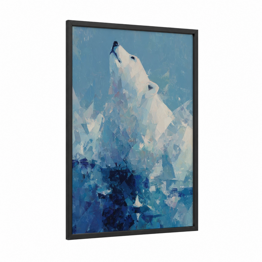 Arctic Howl framed polar bear print — black wood frame — blue and white palette