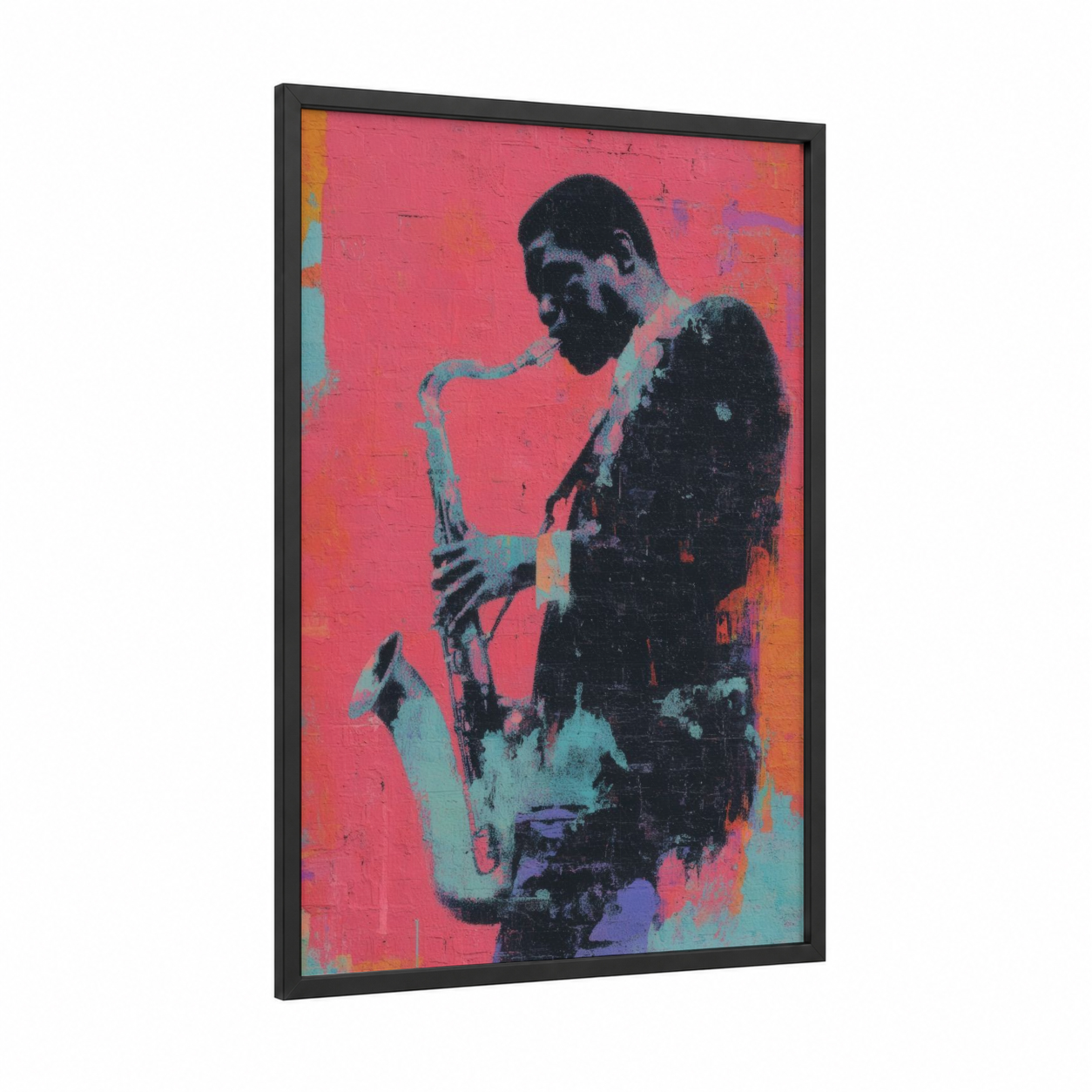 Vibrant Saxophonist framed mardi gras print — black wood frame — magenta and turquoise palette