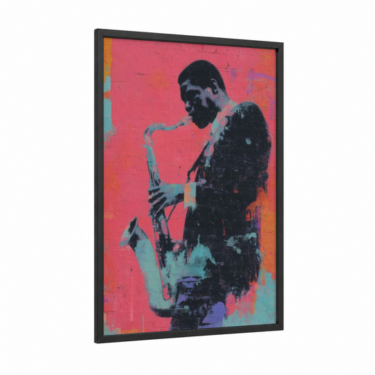 Vibrant Saxophonist framed mardi gras print — black wood frame — magenta and turquoise palette