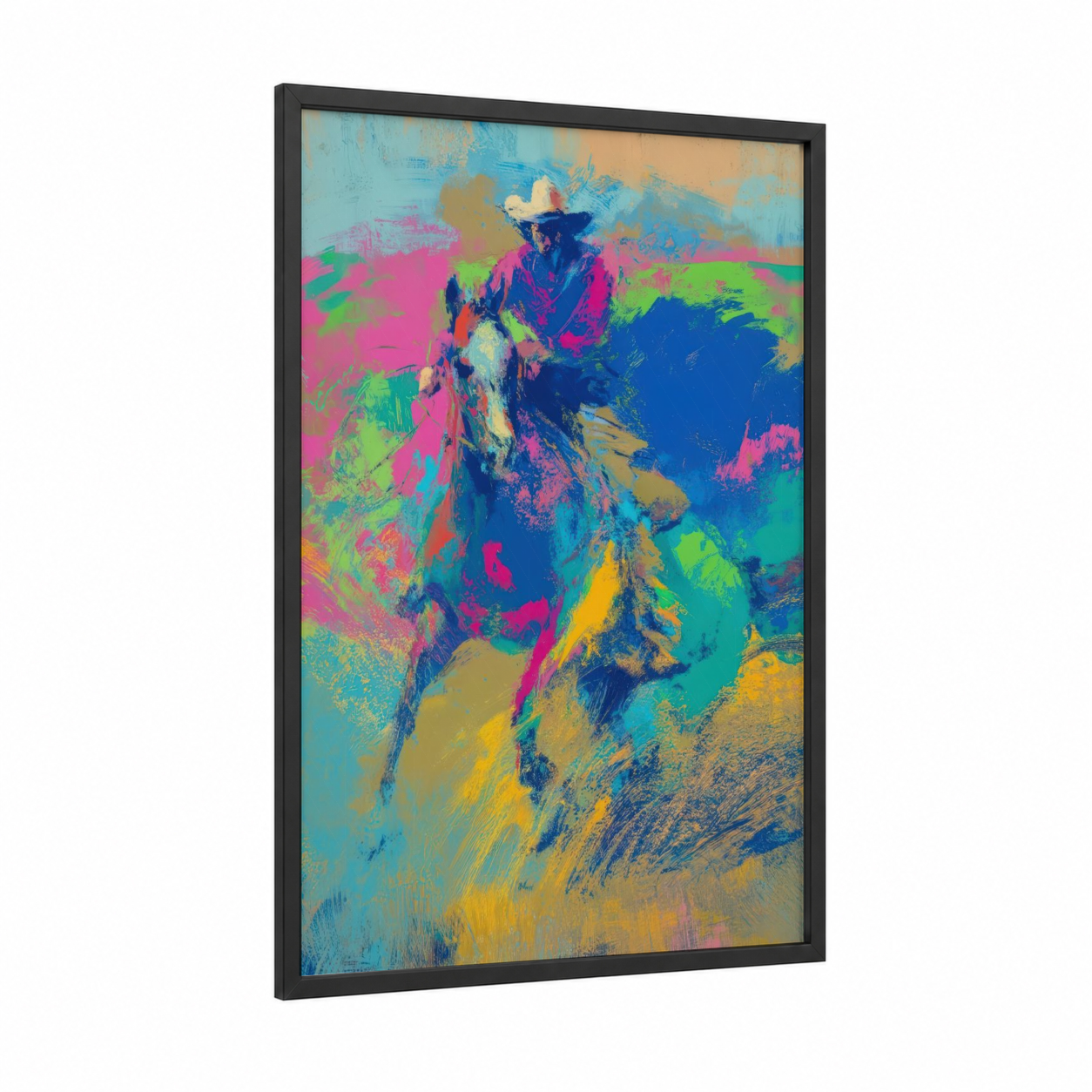 Neon Quarter Horse framed art print — black wood frame — magenta and blue palette