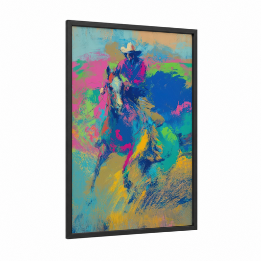 Neon Quarter Horse framed art print — black wood frame — magenta and blue palette