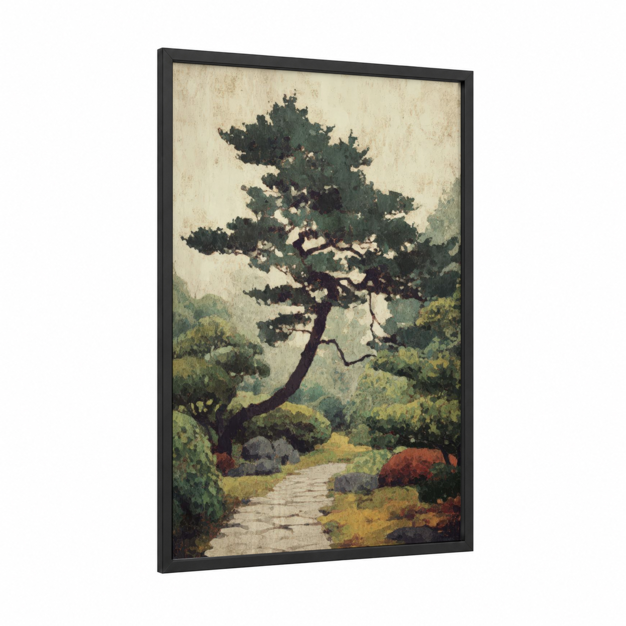 Windswept Juniper framed juniper tree print — black wood frame — dark green and beige palette
