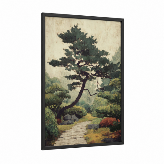 Windswept Juniper framed juniper tree print — black wood frame — dark green and beige palette