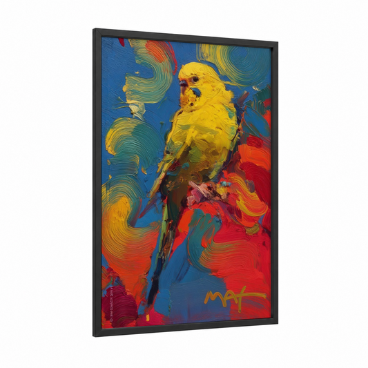 Vibrant Yellow Canary framed canaries print — black wood frame — blue and gold palette