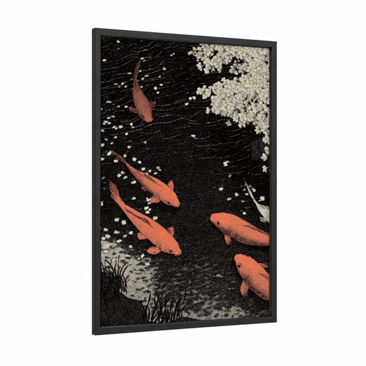Ethereal Koi Garden framed dreamscape print — black wood frame — black and cream palette