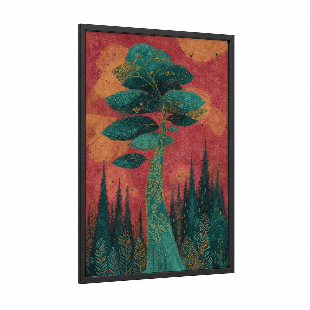 Crimson Cedar Forest framed cedar tree print — black wood frame — red and gold palette