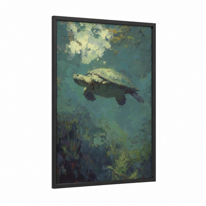 Sunlit Turtle framed art print — black wood frame — teal and light green palette