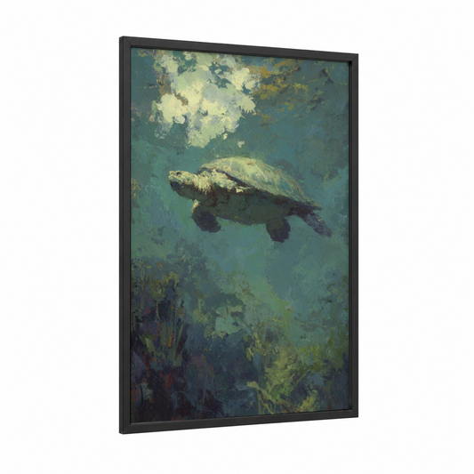 Sunlit Turtle framed art print — black wood frame — teal and light green palette