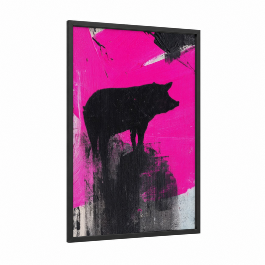 Neon Pig Silhouette framed art print — black wood frame — magenta and black and white palette