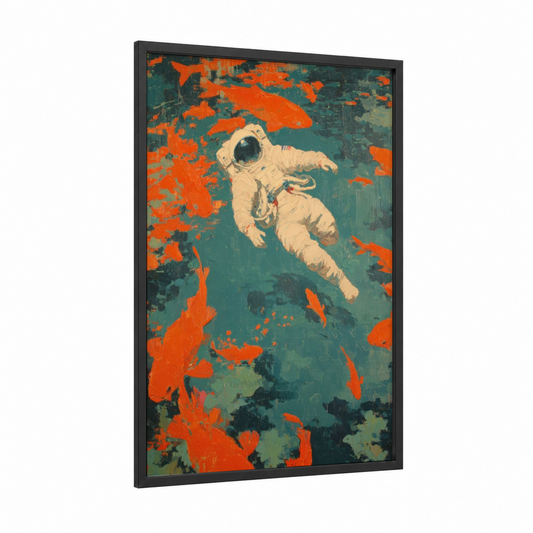 Cosmic Astronaut framed art print — black wood frame — orange and teal palette
