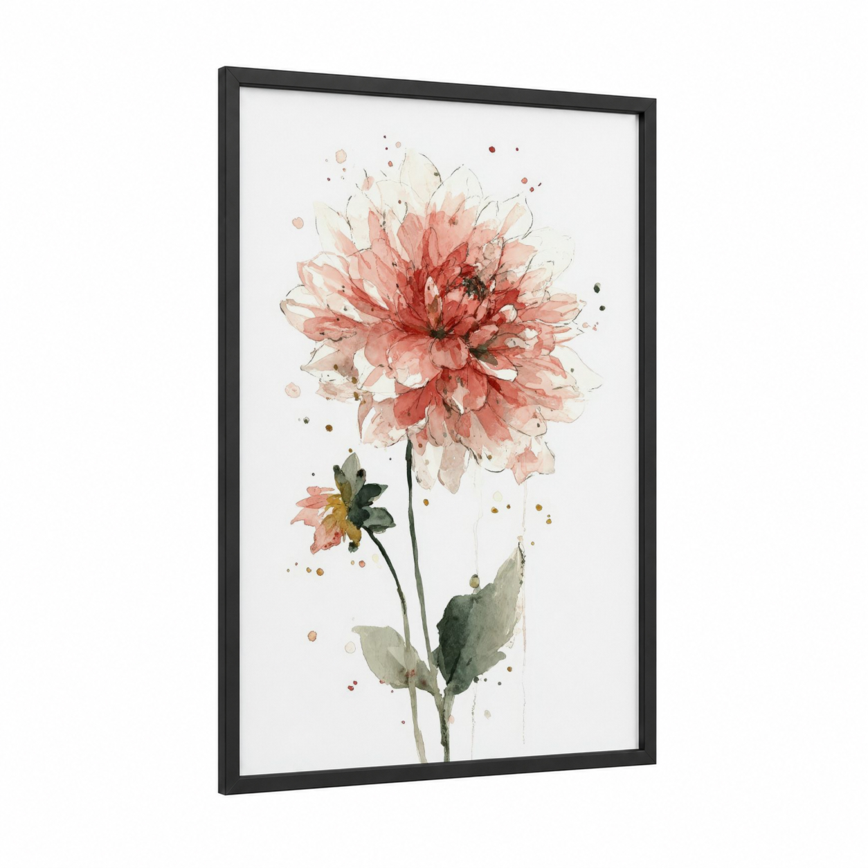 Coral Dahlia Bloom framed art print — black wood frame — salmon pink and green palette