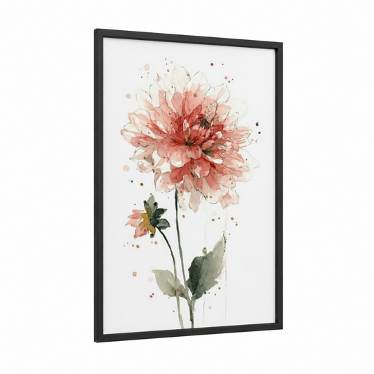 Coral Dahlia Bloom framed art print — black wood frame — salmon pink and green palette