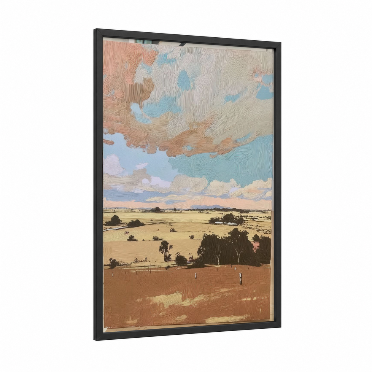 Golden Valley Expanse framed various landscapes print — black wood frame — gold and blue and white palette