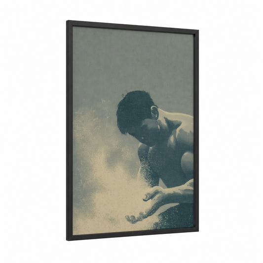 Strength in Motion framed bodybuilding print — black wood frame — gold and gray palette