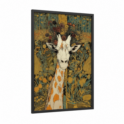 Floral Giraffe framed art print — black wood frame — gold and teal palette