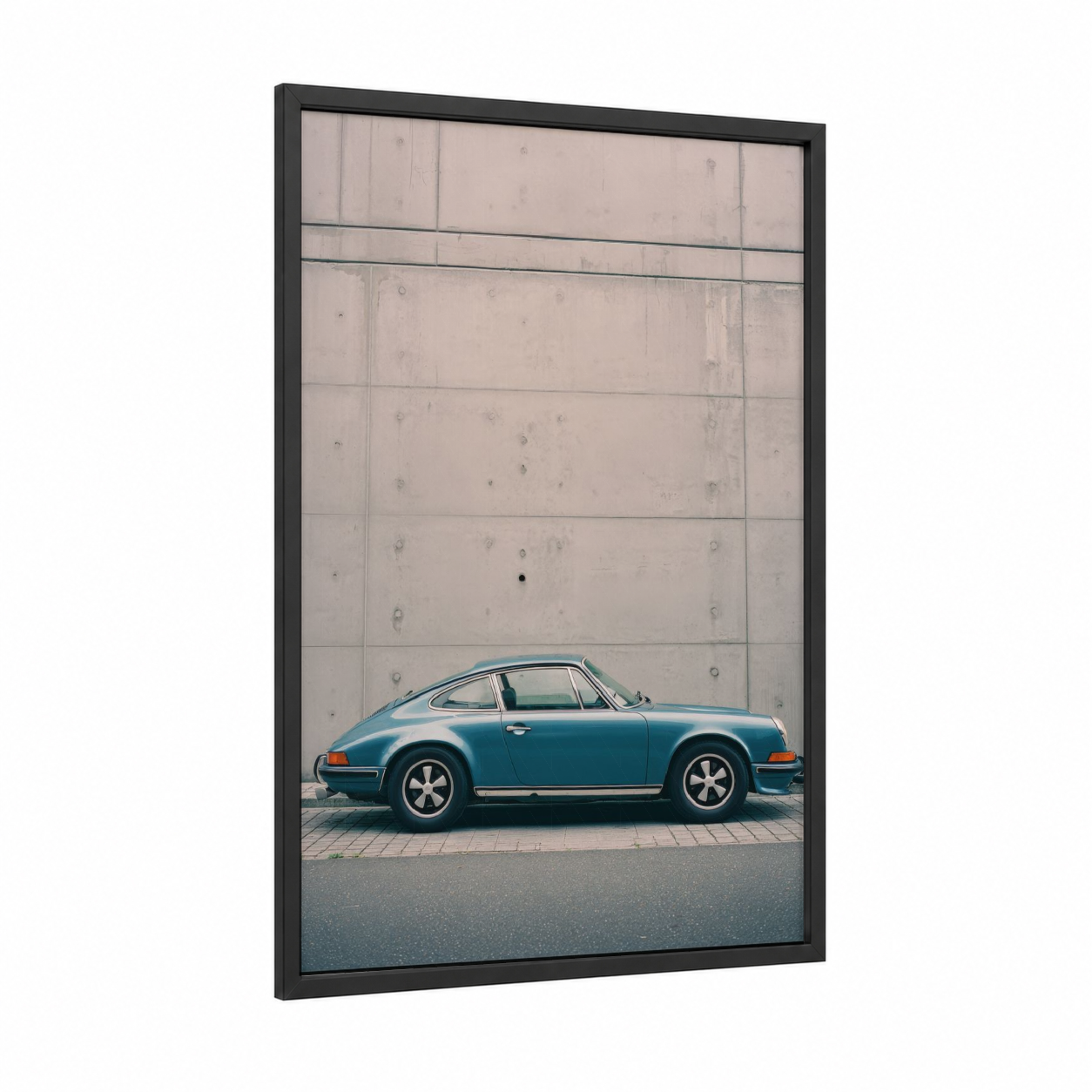 Turquoise Classic framed sports car print — black wood frame — teal and gray and white palette
